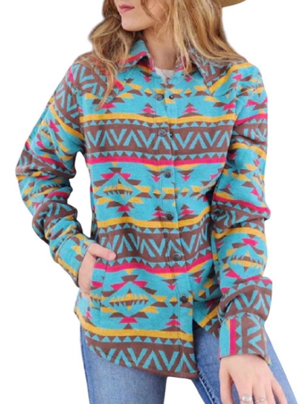 Outback Trading Company Turquoise Aztec Hazel Flannel Shirt Jacket Shacket